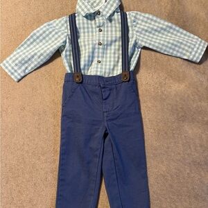 Carter’s Blue Checkered Bodysuit with Navy Pants & Suspenders